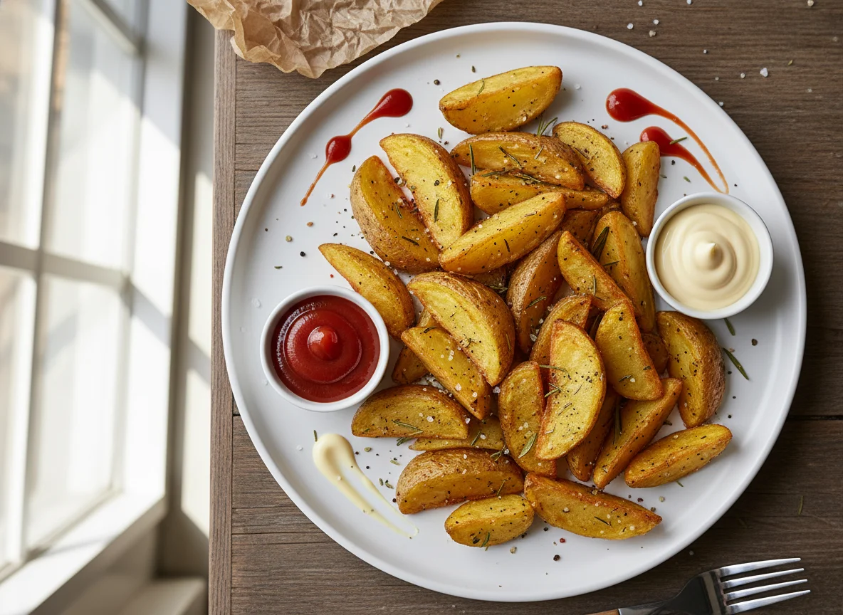 Potato Wedges with Ketchup and Mayonnaise photo