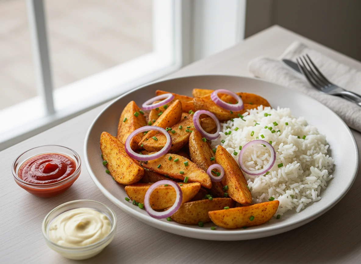 Potato Wedges with Red Onion and Rice photo