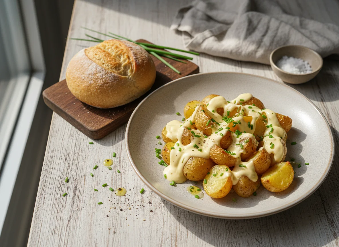 Potatoes with Creamy Sauce and Bread Roll photo