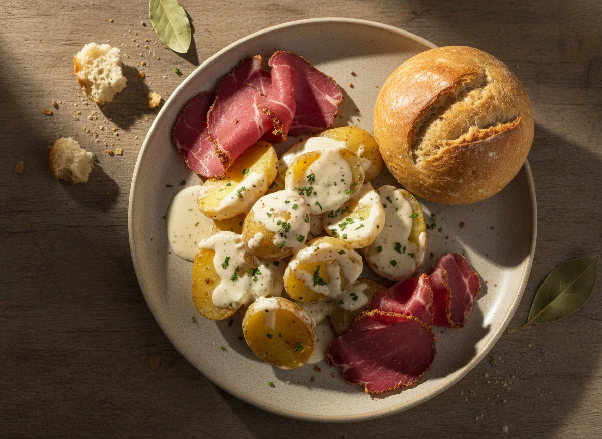 Potatoes with cured meat and bread photo