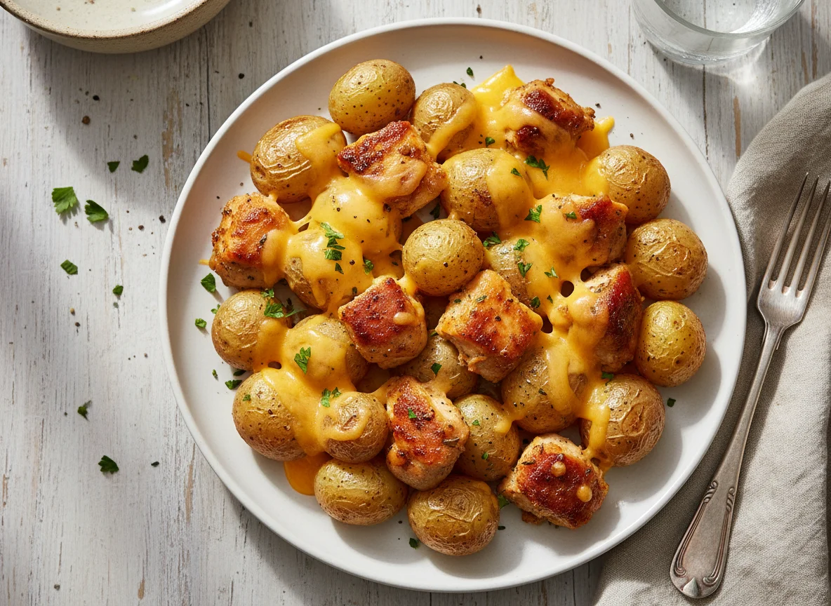 Potatoes with melted cheese and chicken pieces photo