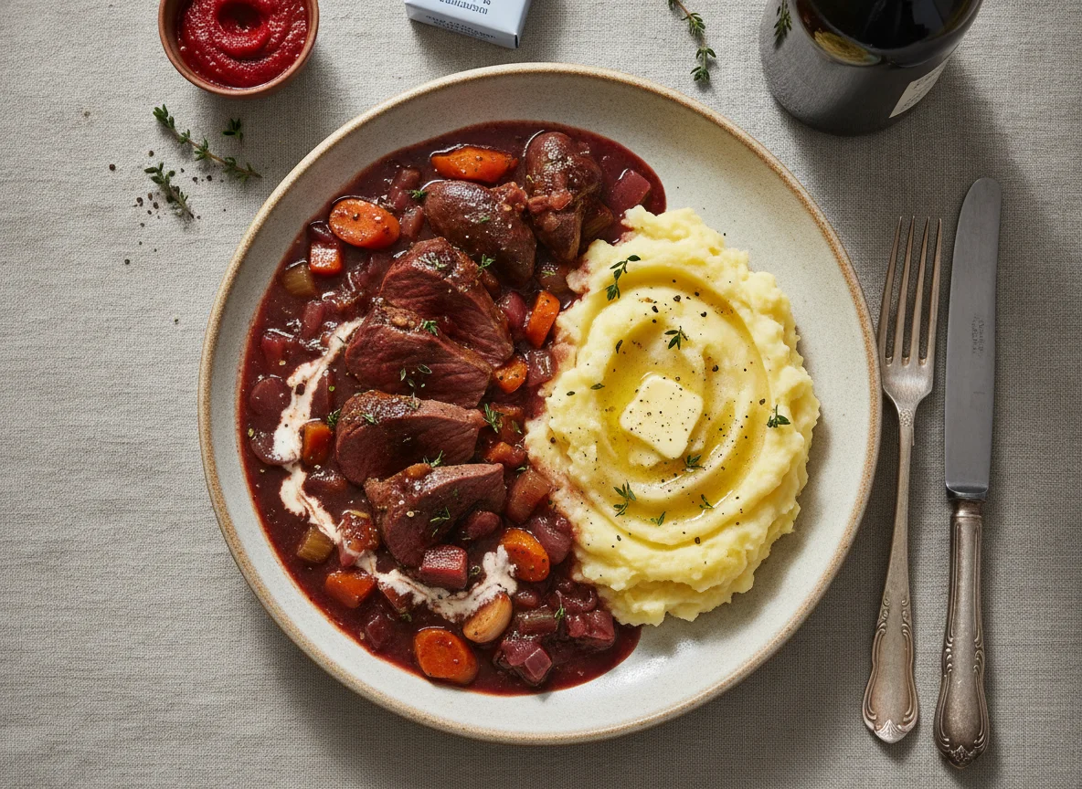 Pot-roasted deer with red wine and mashed potatoes photo