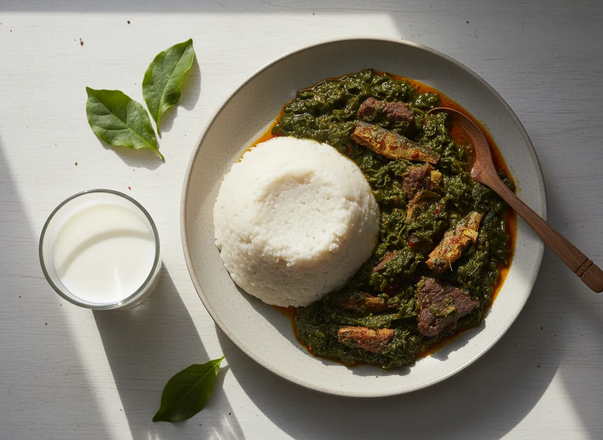 Pounded Yam with Green Stew and Milk photo