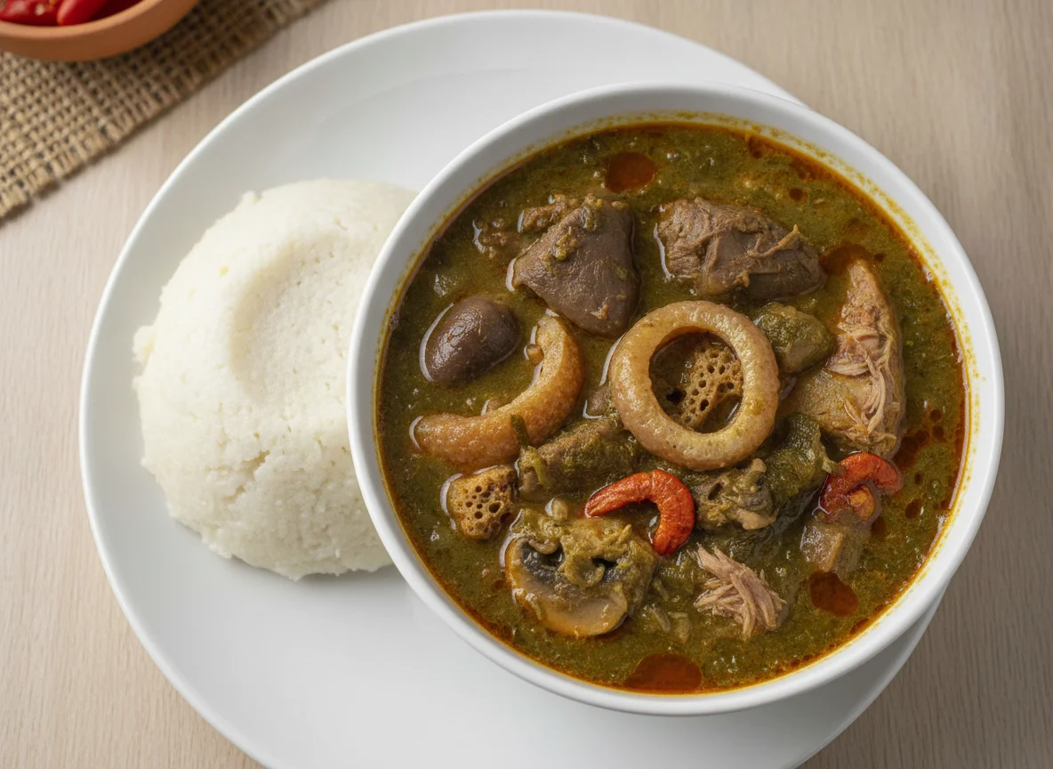 Pounded Yam with Vegetable Soup and Assorted Meats photo