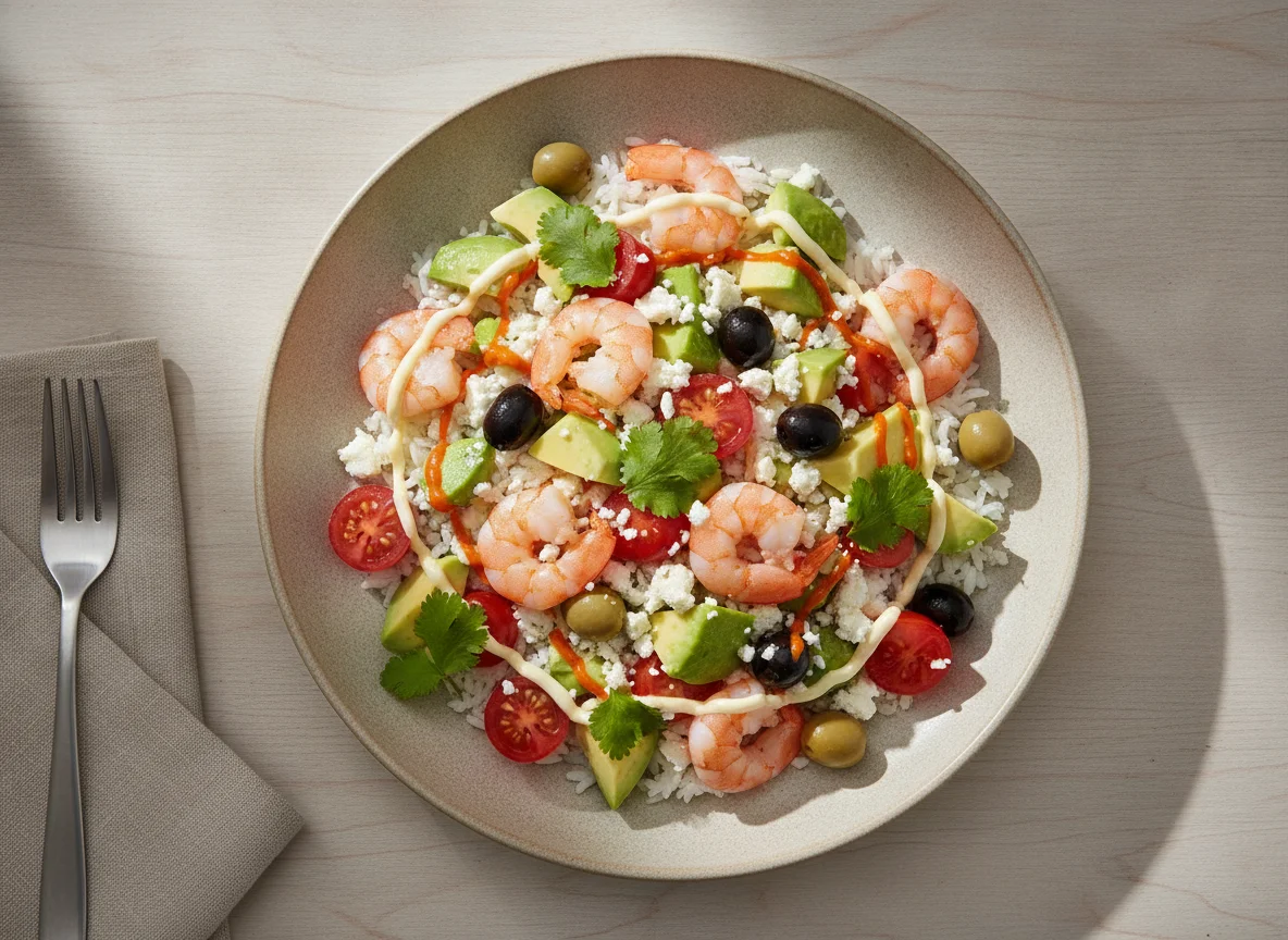 Prawn and Avocado Salad with Rice and Olives photo