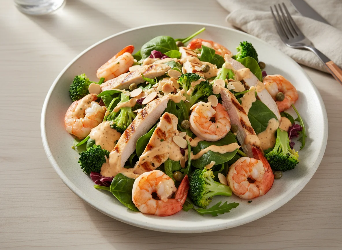 Prawn and Chicken Salad with Dressing photo
