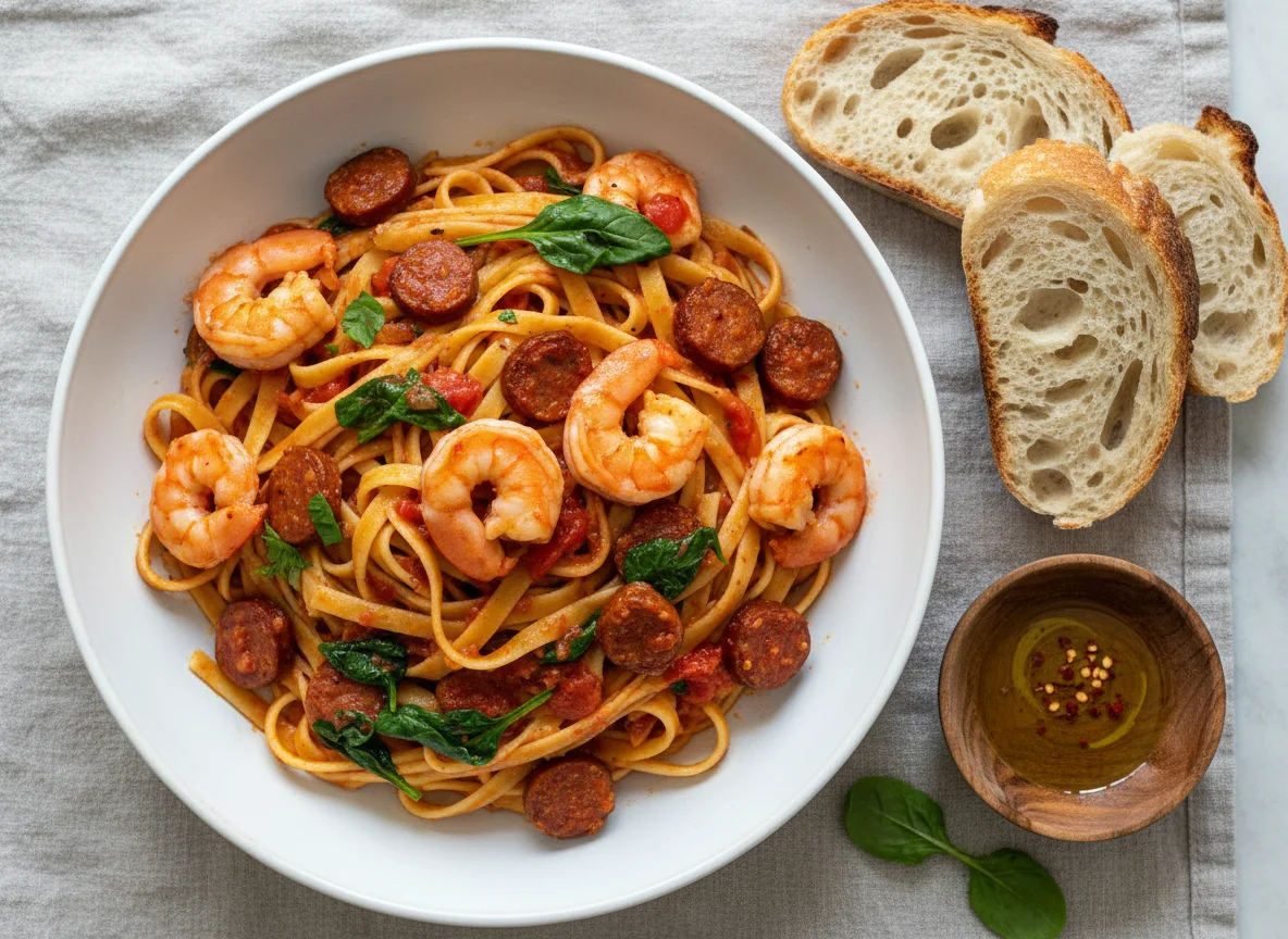 Prawn and Chorizo Pasta with Bread photo