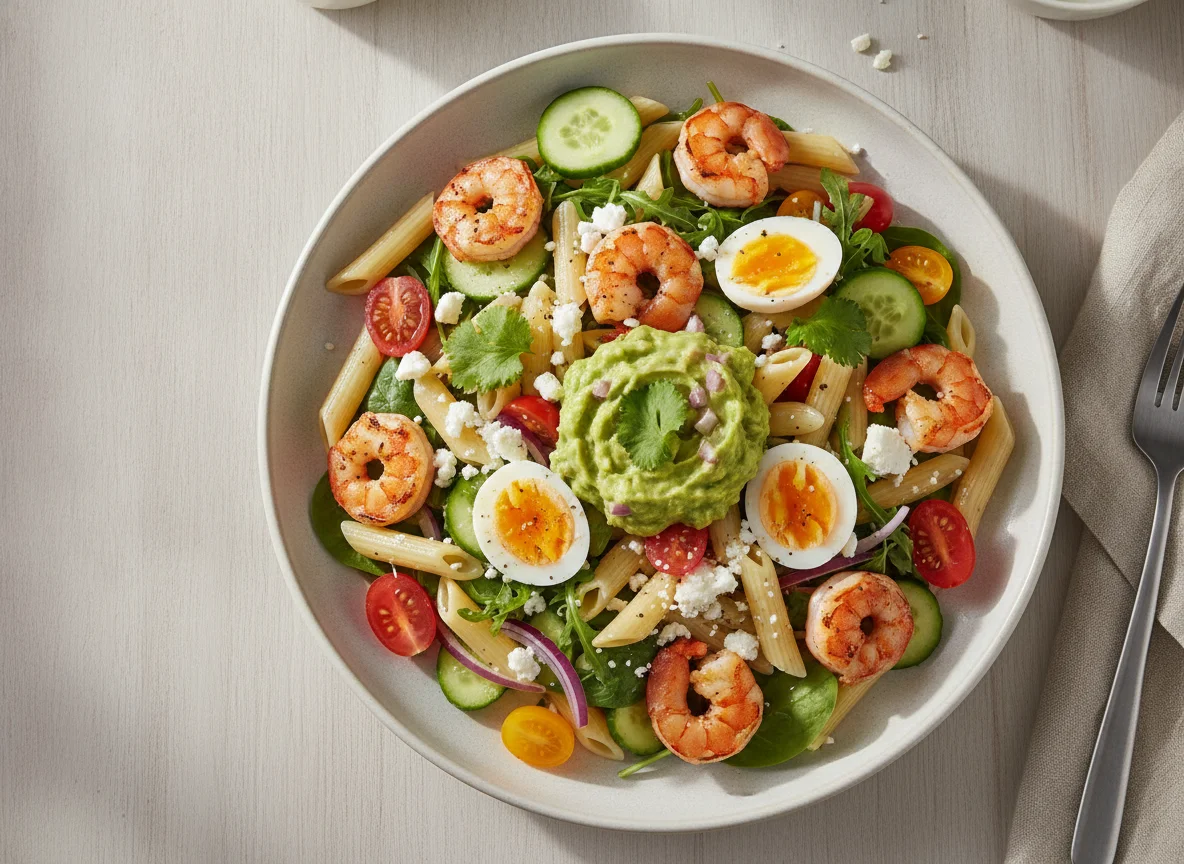Prawn and Egg Pasta Salad with Guacamole photo