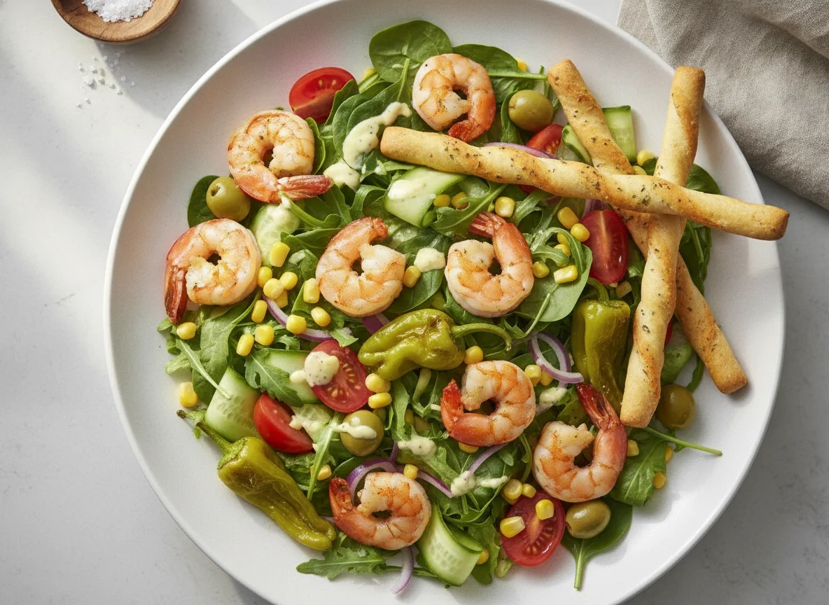 Prawn and Mixed Vegetable Salad with Breadsticks photo