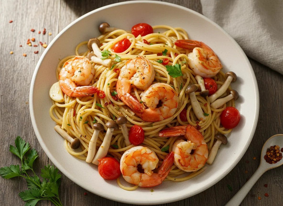 Prawn and Mushroom Aglio Olio Pasta photo