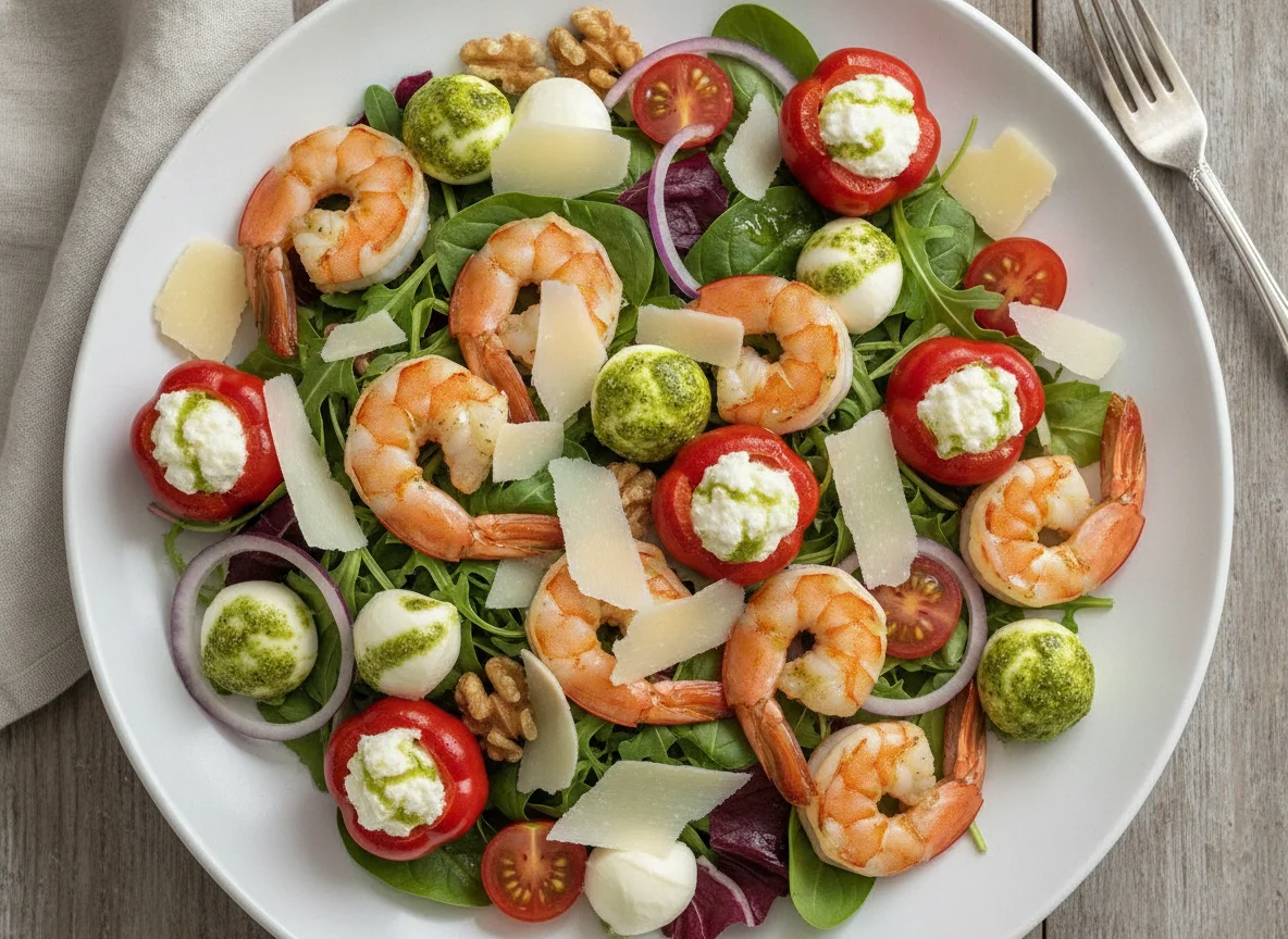 Prawn and Parmesan Salad with Stuffed Peppers photo