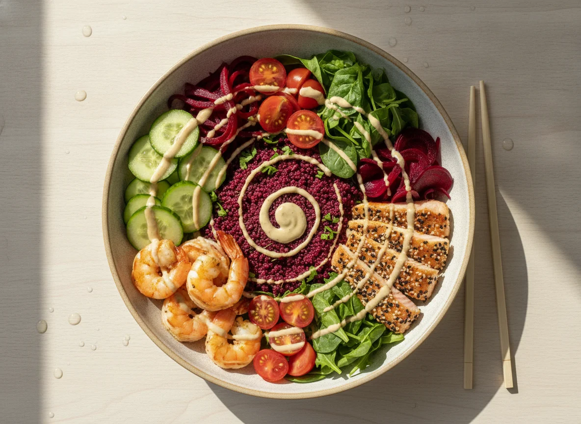 Prawn and Salmon Poke Bowl with Beetroot Couscous photo