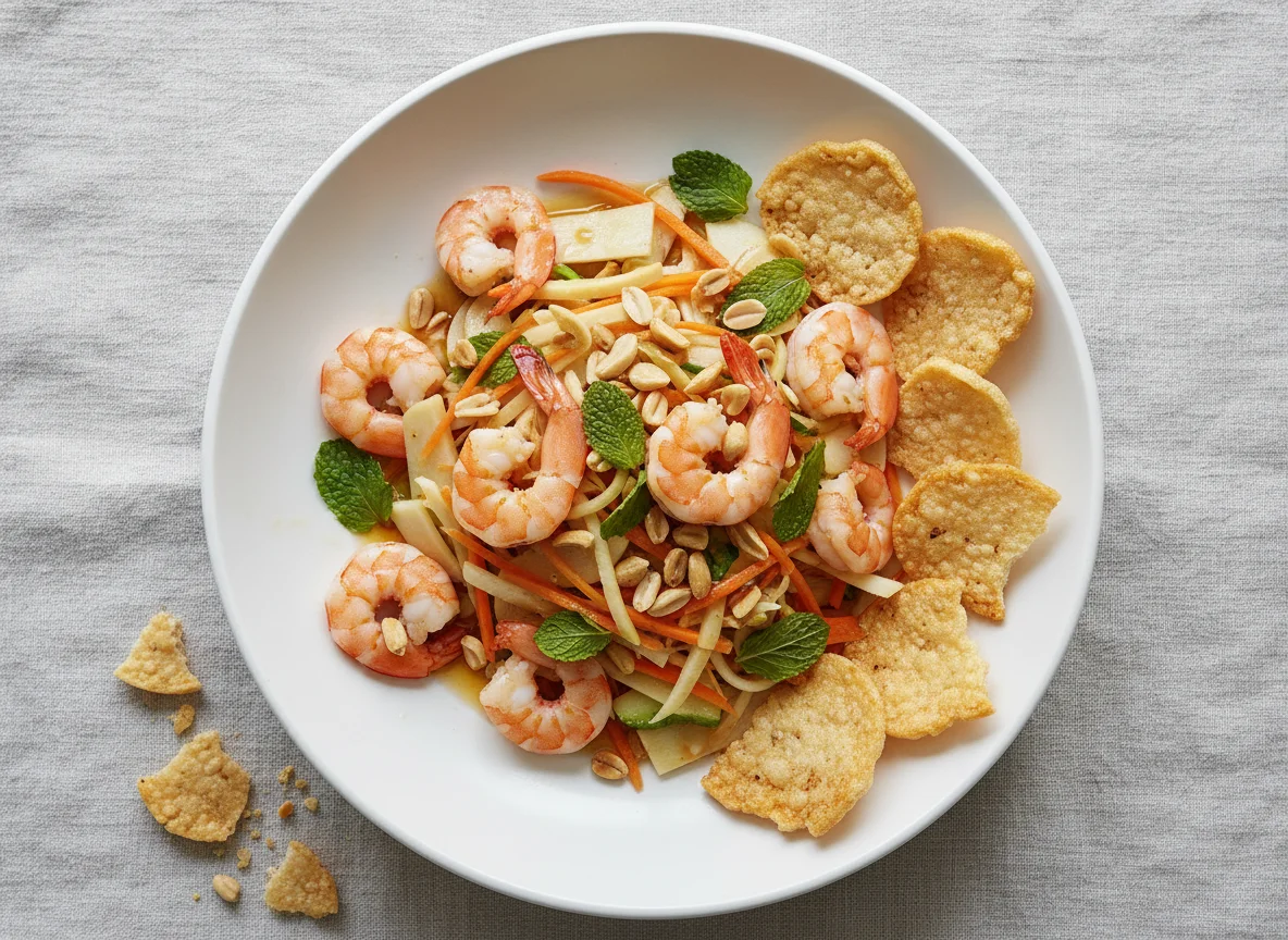 Prawn and Vegetable Salad with Rice Crackers photo