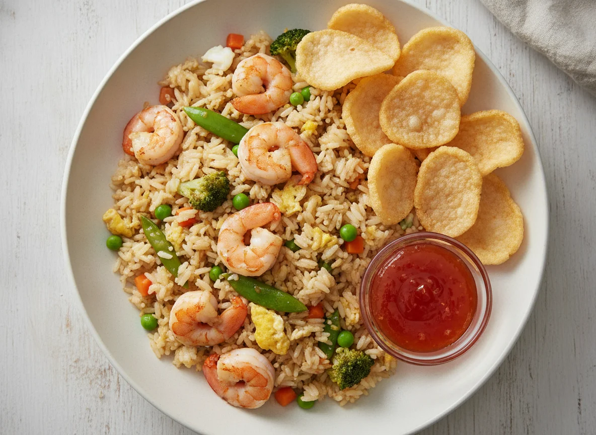 Prawn Fried Rice with Prawn Crackers and Sweet Chilli Sauce photo
