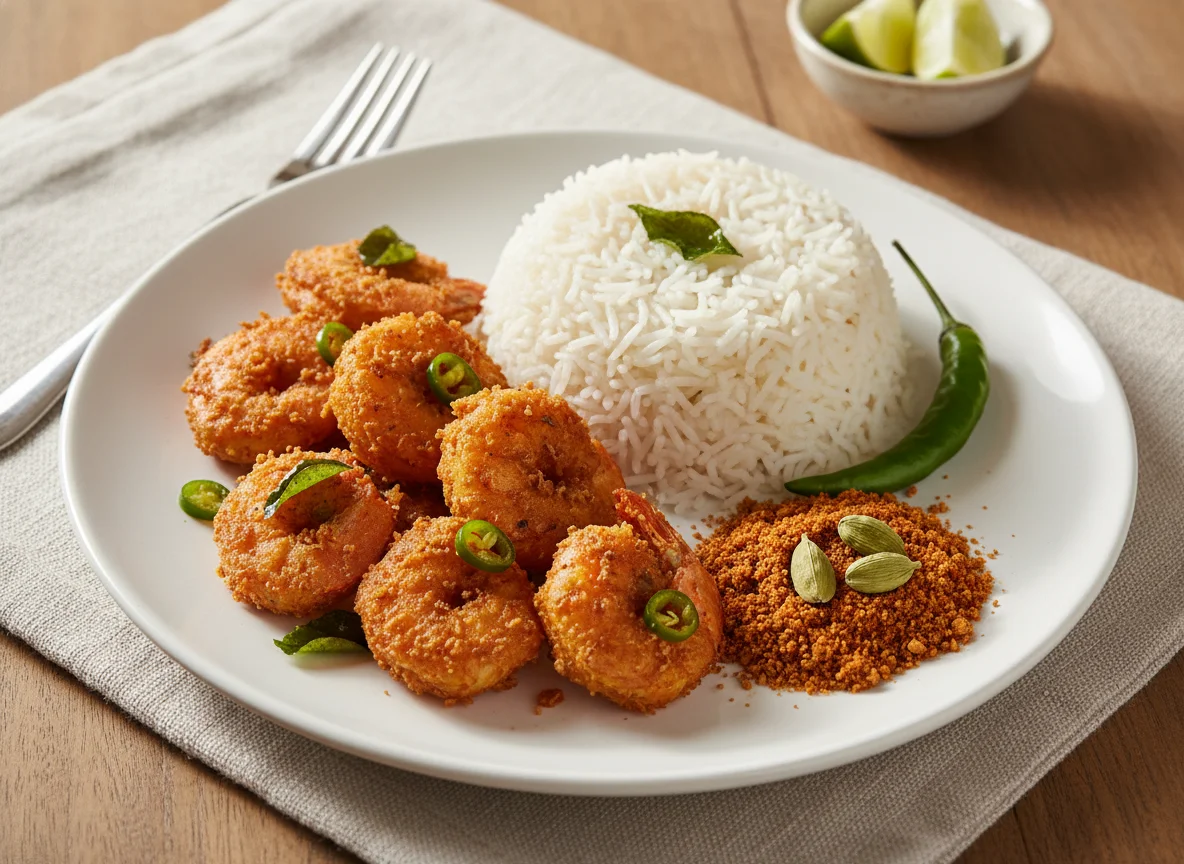 Prawn Fry with Rice and Chutney Powder photo