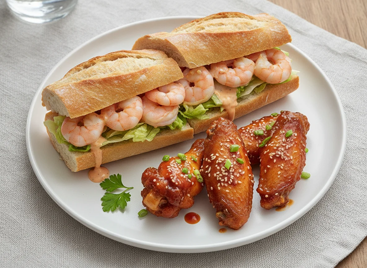 Prawn Marie Rose Baguette and Chicken Wing photo