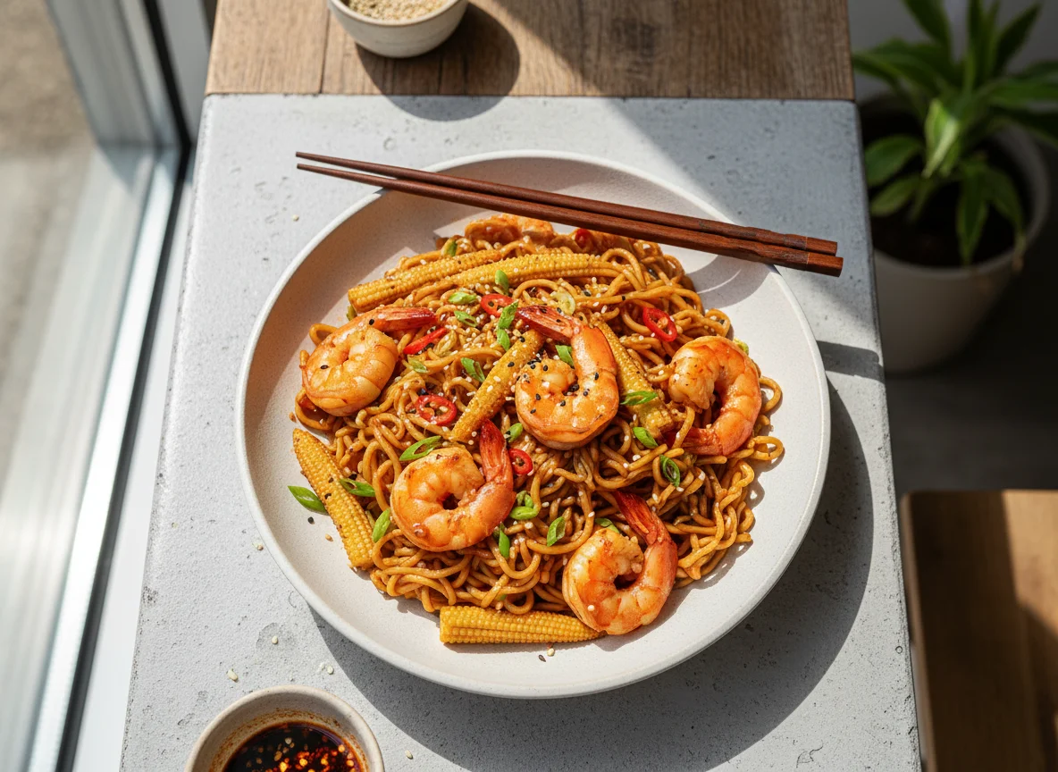 Prawn Noodle Stir-fry with Baby Corn photo