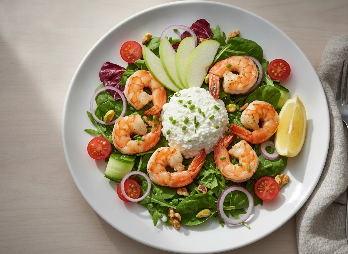 Prawn salad with apple and cottage cheese photo