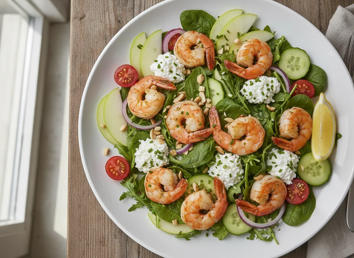 Prawn salad with apple, cottage cheese and roasted peanuts photo