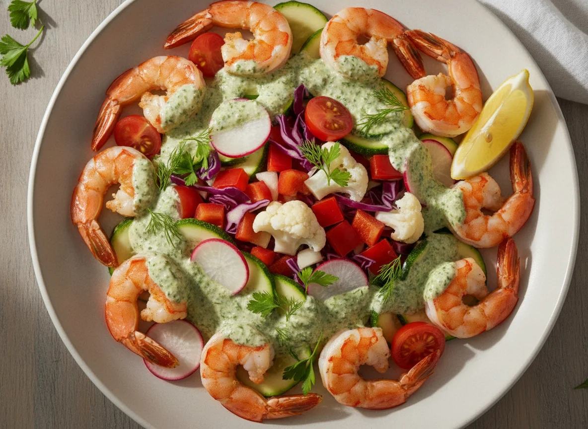 Prawn Salad with Mixed Vegetables and Creamy Dressing photo
