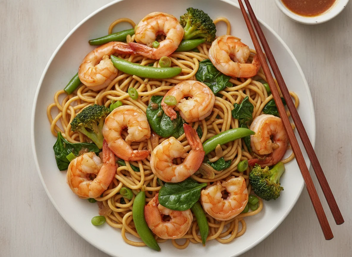 Prawn Stir-fry with Noodles and Vegetables photo