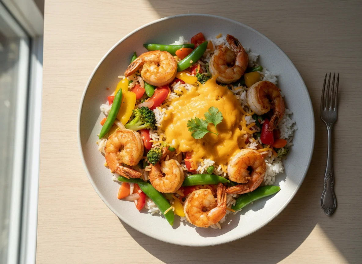 Prawn stir-fry with rice and cheese photo