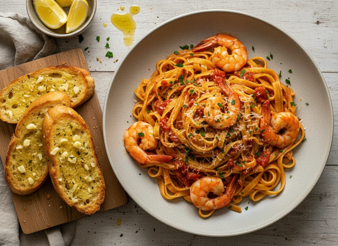 Prawn Tagliatelle with Garlic Bread photo