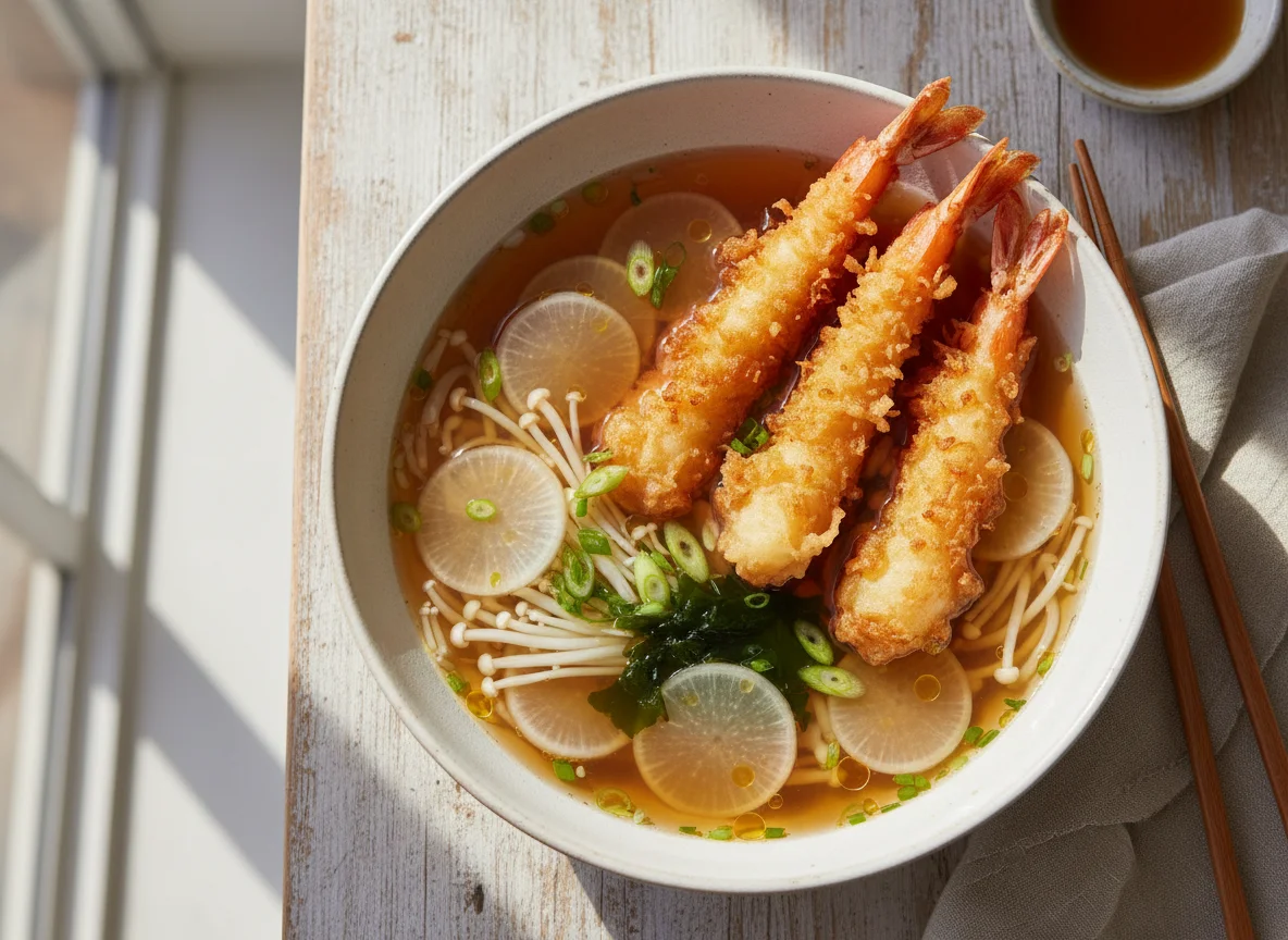 Prawn Tempura Soup with Radish and Mushrooms photo