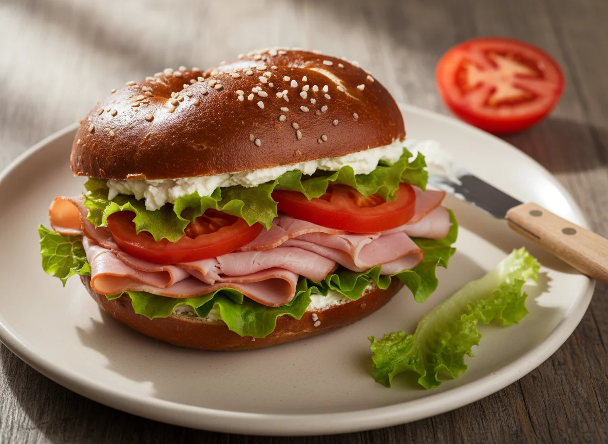 Pretzel Bun Sandwich with Ham, Lettuce, Tomato, and Cream Cheese photo