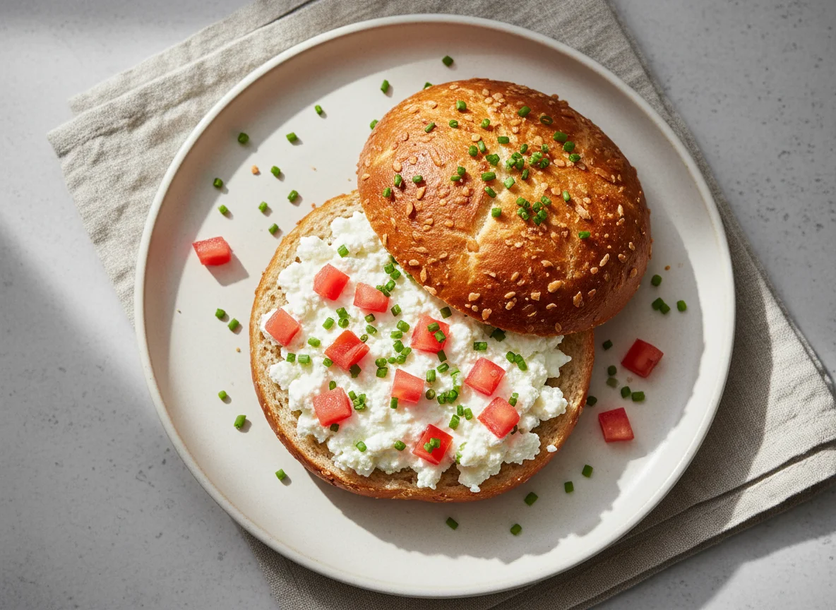 Pretzel bun with cottage cheese and vegetables photo