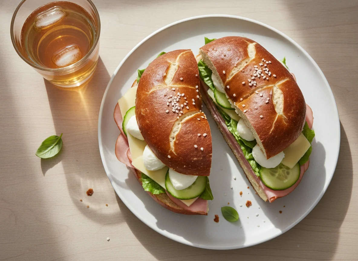 Pretzel sandwich with mozzarella balls, cucumber, and apple juice photo
