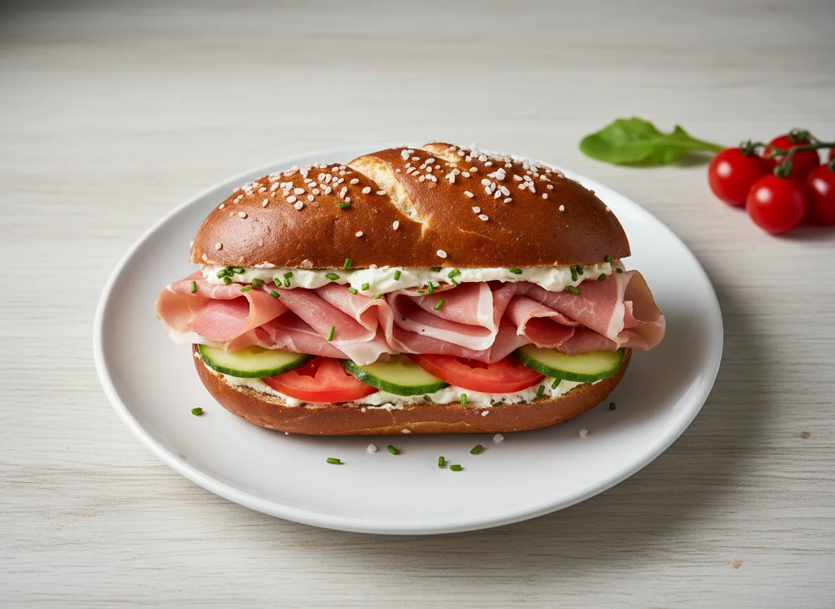 Pretzel Sandwich with Prosciutto and Vegetables photo