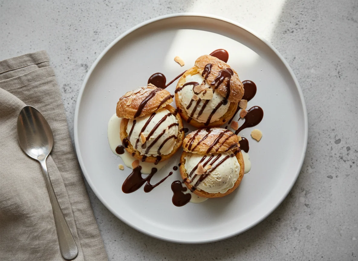 Profiterole with Ice Cream and Chocolate Sauce photo