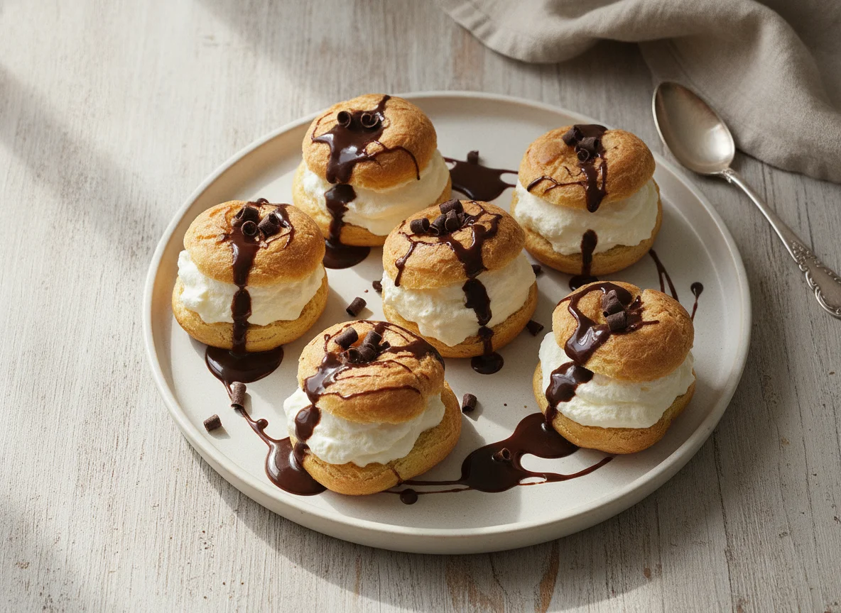 Profiteroles with chocolate sauce photo