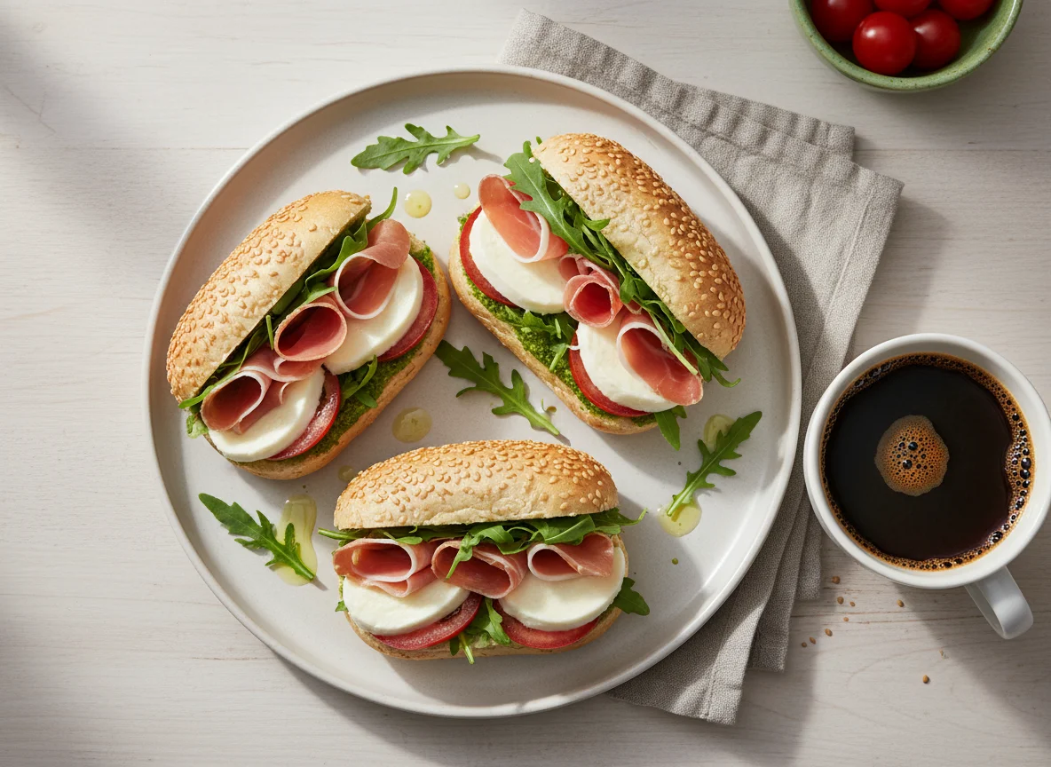 Prosciutto, Mozzarella and Pesto Rolls with Coffee photo