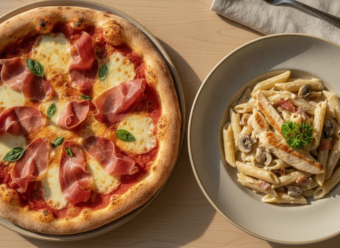 Prosciutto Pizza and Creamy Chicken Pasta photo