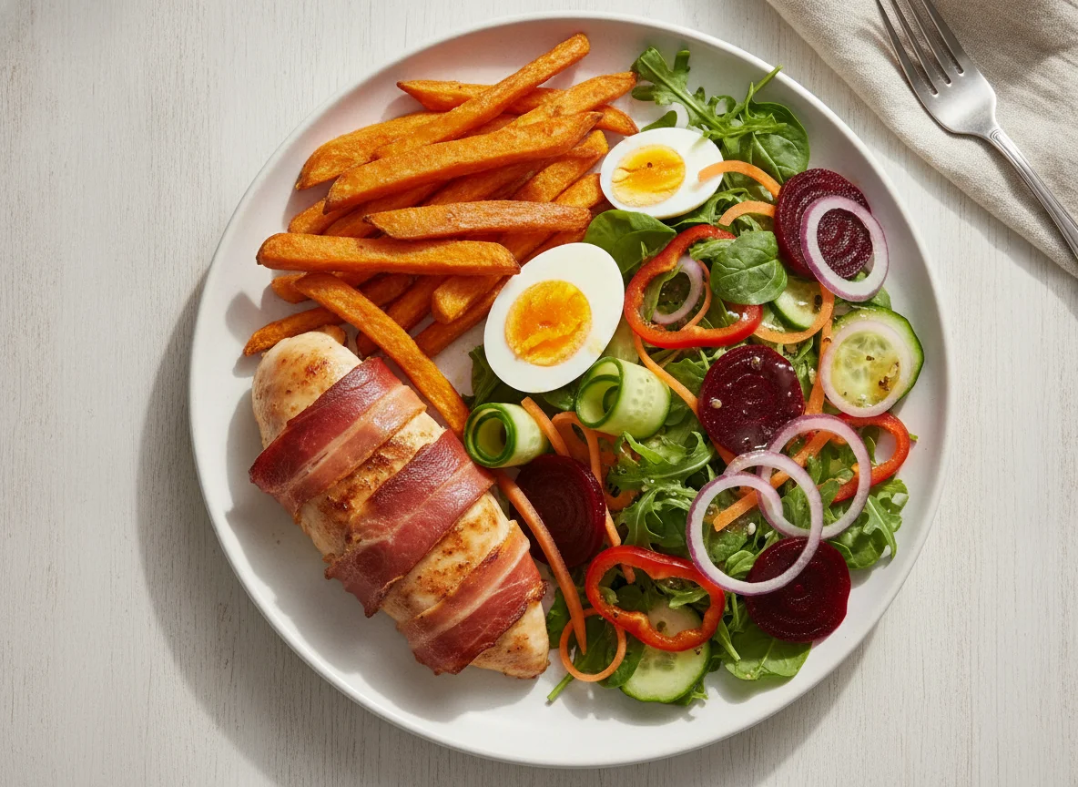 Prosciutto wrapped chicken with sweet potato fries and salad photo