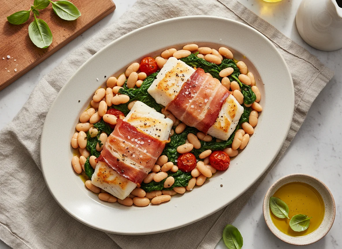 Prosciutto-wrapped fish with cannellini beans and spinach photo