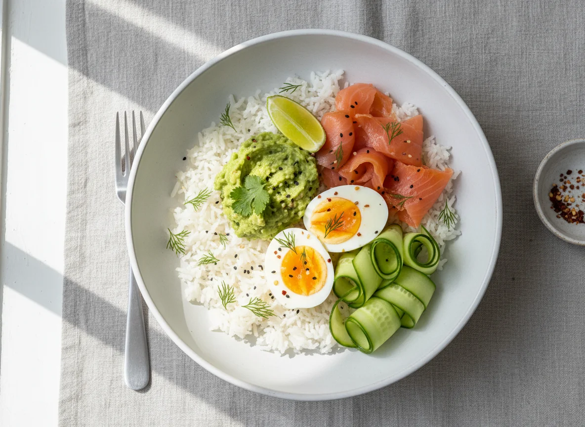 Protein and Rice Bowl with Salmon and Guacamole photo