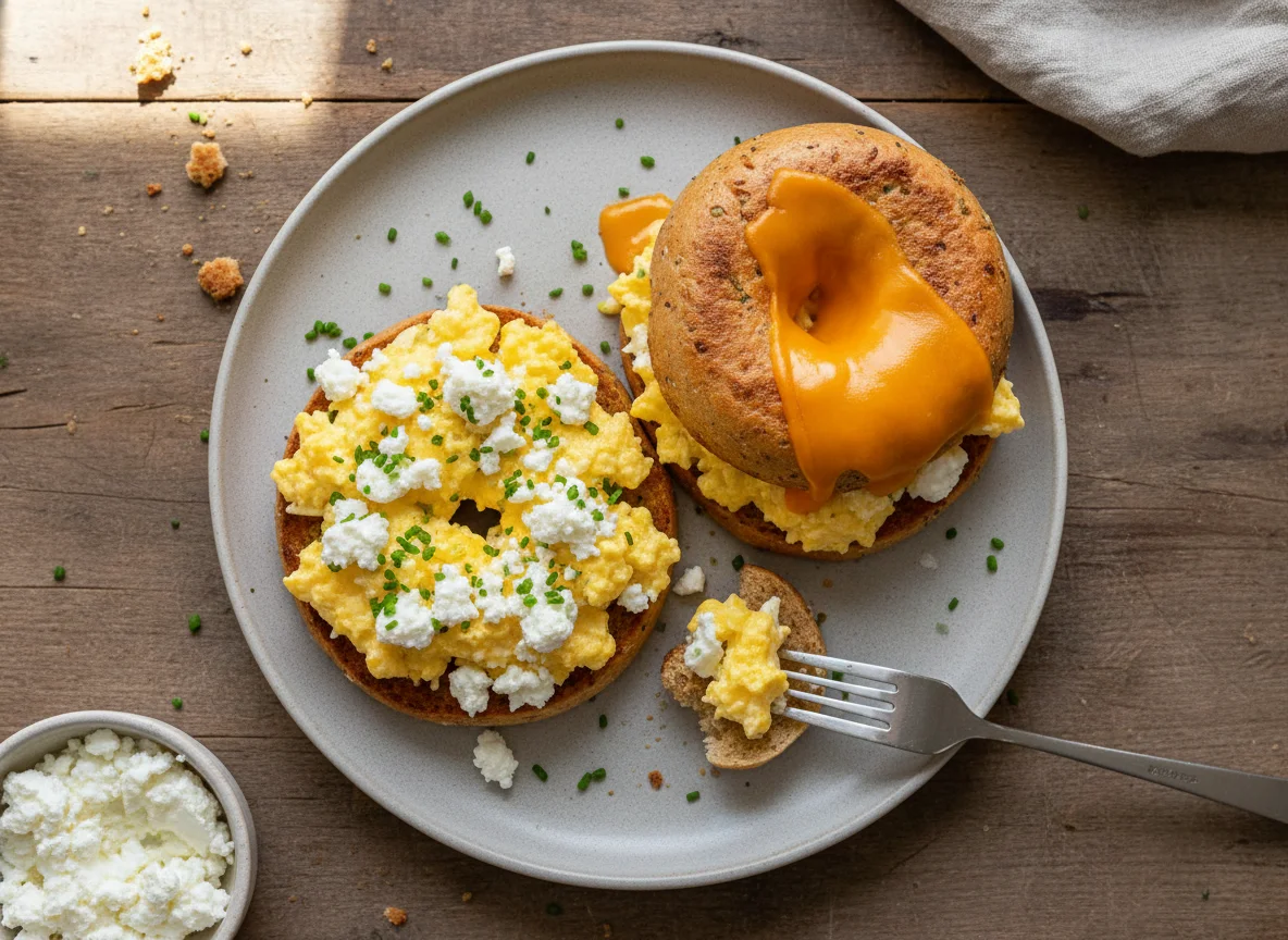Protein Bagels with Scrambled Eggs and Cheese photo