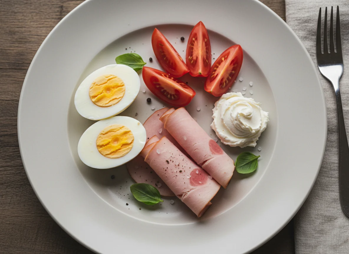 Protein Plate with Eggs, Ham, Tomato and Cream Cheese photo