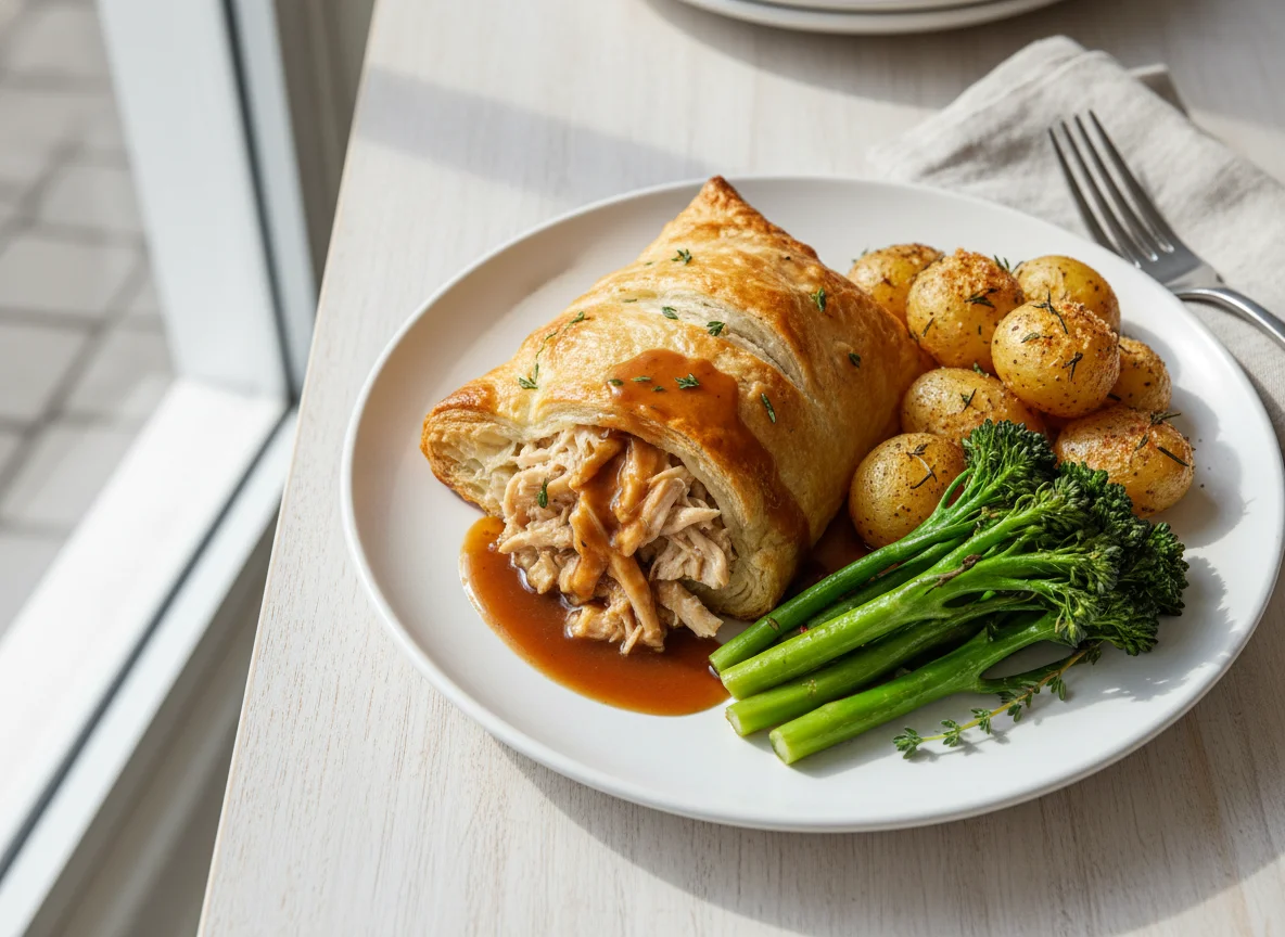 Puff Pastry Parcel with Roast Potatoes, Tenderstem Broccoli and Gravy photo