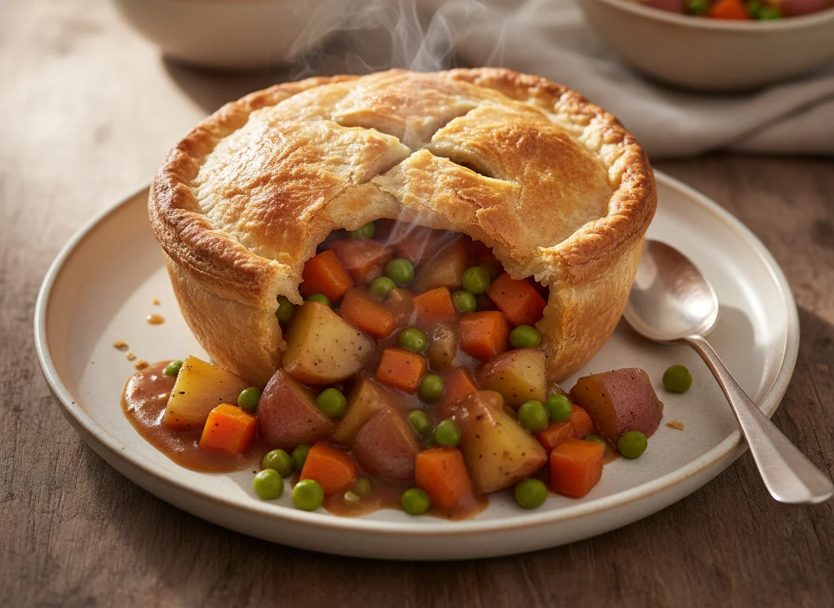 Puff Pastry Pie with Mixed Vegetables and Gravy photo