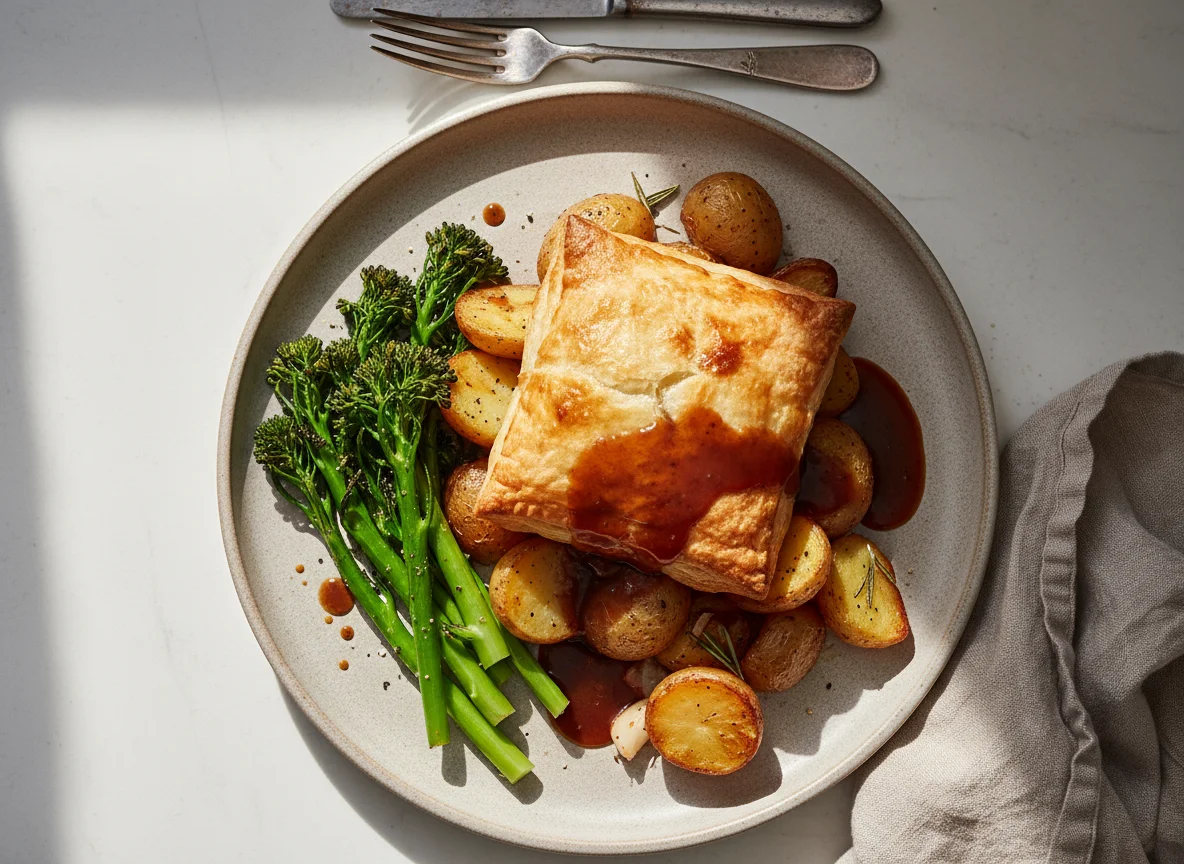 Puff Pastry with Roast Potatoes, Broccolini and Gravy photo