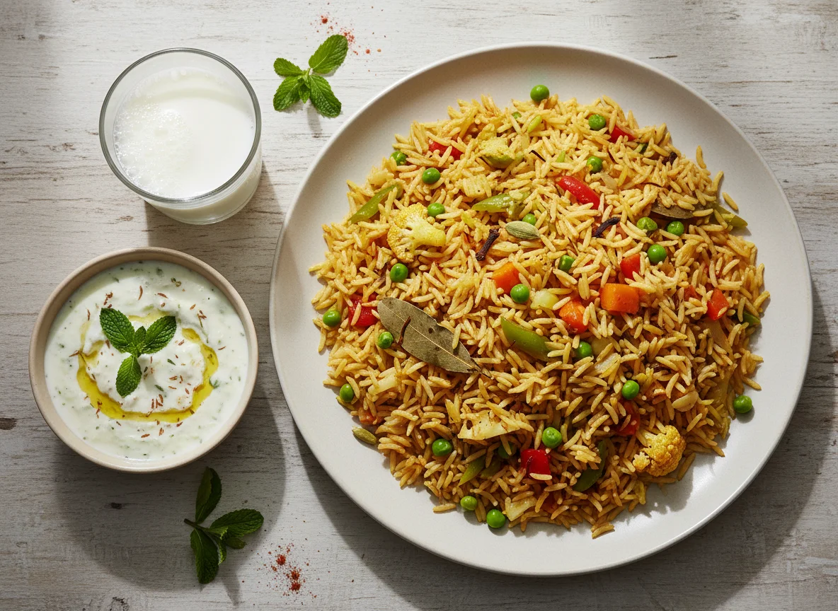 Pulao with Raita and Milk photo