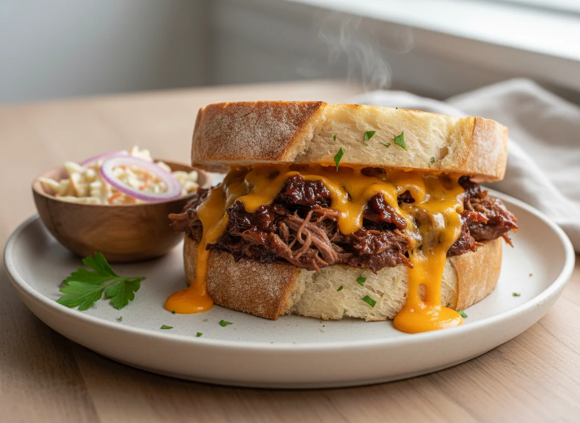 Pulled BBQ Beef and Red Leicester Cheese Sandwich photo