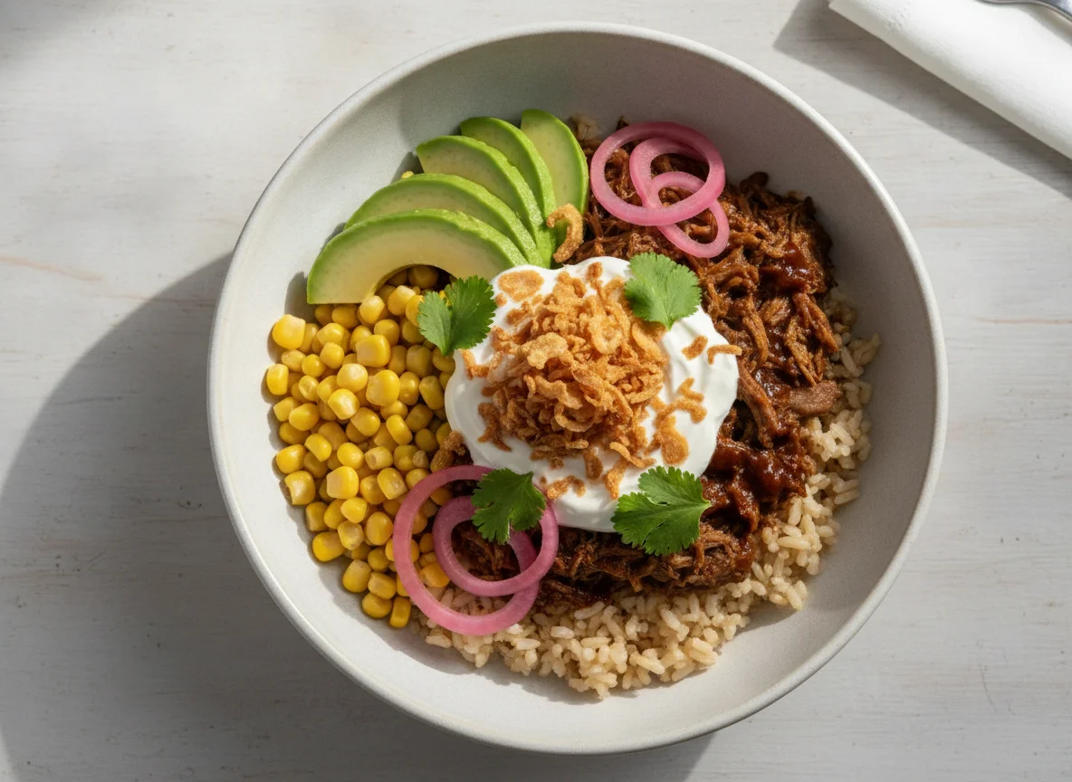 Pulled beef rice bowl with avocado and corn photo