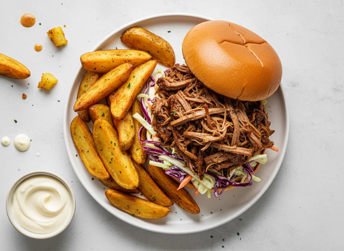 Pulled Beef Sandwich with Potato Wedges and Sauce photo