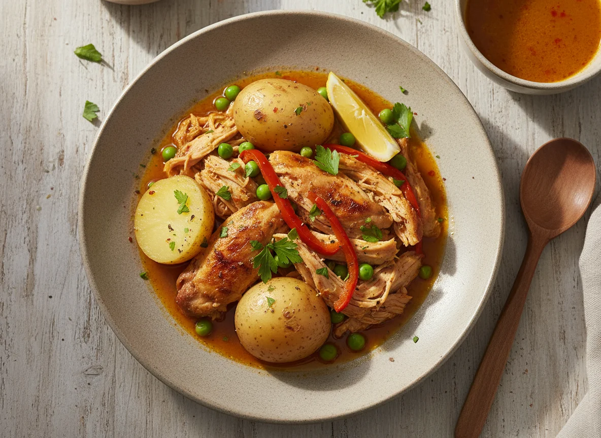Pulled Chicken and Potato with Paella Stock photo