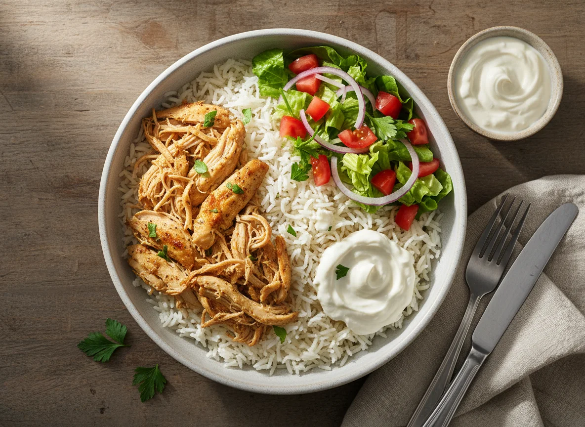 Pulled Chicken Rice Bowl with Salad and Garlic Sauce photo